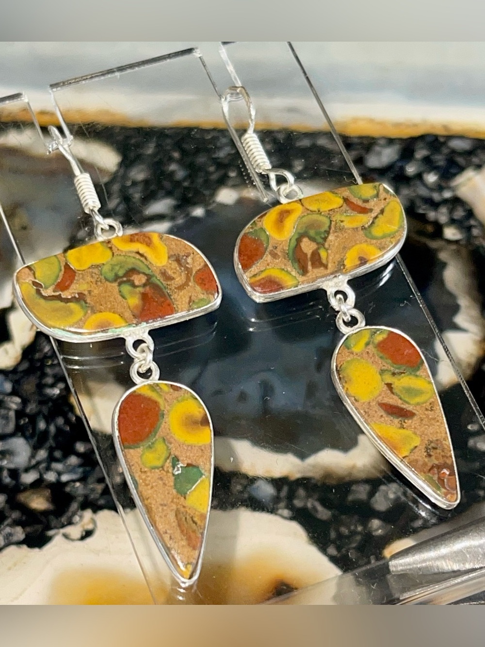 Ajooba Earthy Colors Fruit Jasper Crystal Earrings 2 1/2”